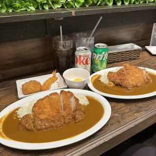 Chicken Katsu, Shrimp Katsu, Potato Croquette Curry