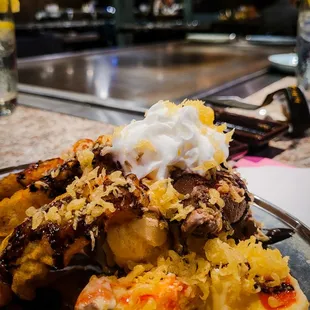 Deep fried ice cream with tempura bananas