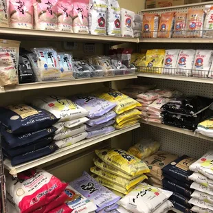 a variety of dog food on shelves