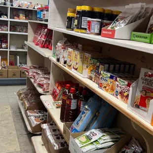 a variety of food items on shelves