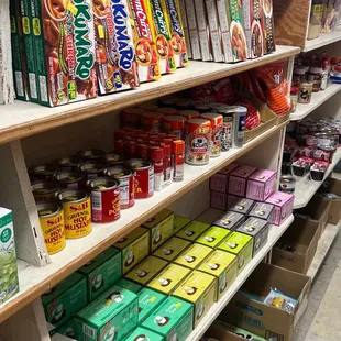a variety of food items on shelves
