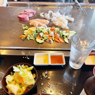 a table with a variety of food on it
