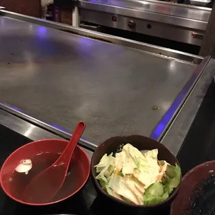 Starting with soup and salad before the chef comes out to cook hibachi for us!