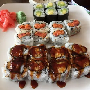 Avocado roll, spicy tuna, sweet potato roll