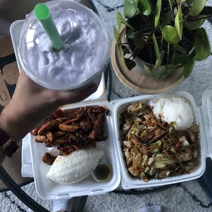 Spicy Chicken Teriyaki and Chicken Yakisoba with Taro Smoothie and Coconut Jelly