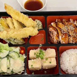 Bento with Mix Tempura, Chicken Teriyaki, and Age Dashi Tofu