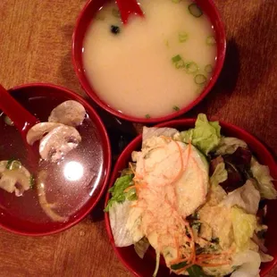 Miso soup, onion soup, &amp; salad.