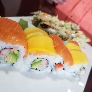 a plate of sushi and rolls
