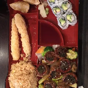 Bento Box - Dinner  soup and salad also. Beef Nagimaki