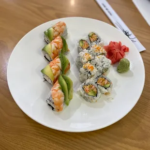 a plate of sushi rolls