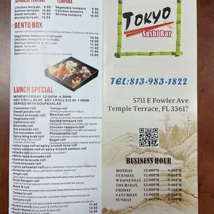 Lunch Menu, Tokyo Sushi