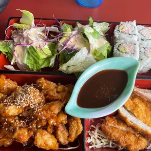 3 item Bento Box with sesame chicken, tonkatsu (pork cutlet), CA roll and extra salad, no rice