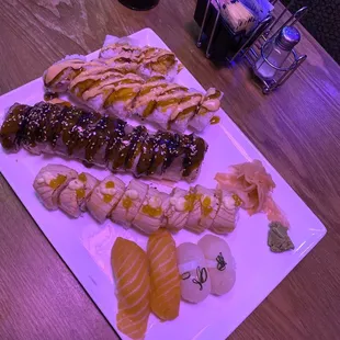 Top to bottom: Sunrise roll **Saints roll** (order this! You won't regret it) Crazy salmon roll Fresh salmon sushi &amp; scallop sushi