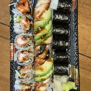 L-R: crab tempura roll, Godzilla roll, cucumber roll