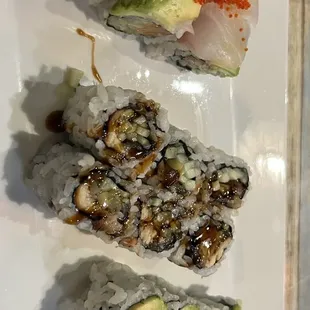 Top: Queen Roll Middle: eel roll Bottom: Alaskan Roll
