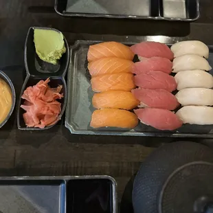 Salmon Nigiri, Red Tuna Nigiri, White Tuna Nigiri, Wasabi &amp; Ginger