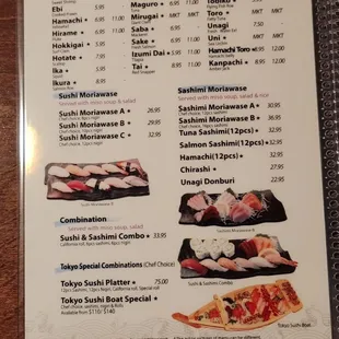 menu, sushi and sashimi