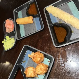 Spring roll, Shrimp Tempura, Shumai
