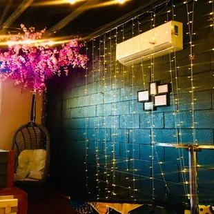a room decorated with lights