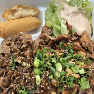 #3 beef and rice place with extra chicken. Comes with salad (with thousand island dressing), egg roll and gyoza.
