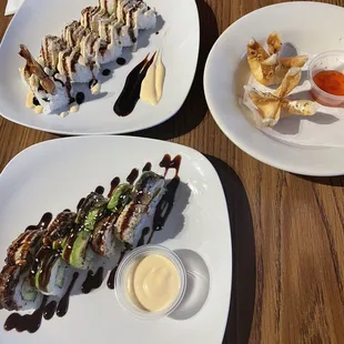 Shrimp tempura roll, dragon roll and crab Rangoon.