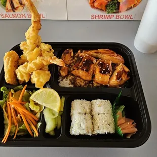 Salmon teriyaki bento box with choice of vegetable (and shrimp) tempura