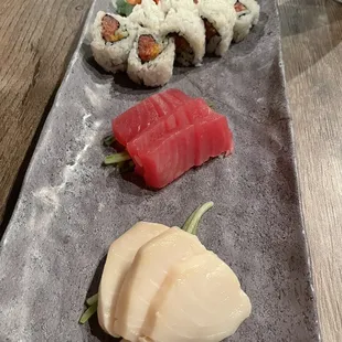 Tuna sashimi, white tuna sashimi &amp; spicy salmon rolls