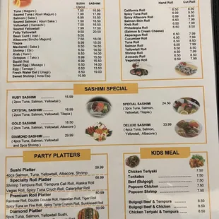 Sushi &amp; Sashimi, rolls, party platters, kids meals