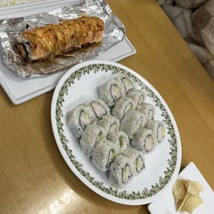 Crunchy shrimp roll, Spicy Baked Salmon roll,  California roll