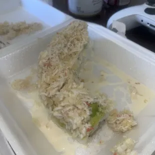 Barely any lobster and it's covered in mayo like water.. was disgusting my husband only ate one piece.