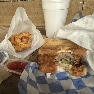 Steak burger combo with onion rings