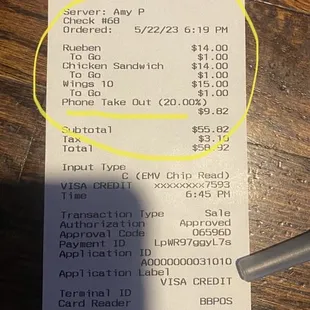 Beware of "to go" charge per item AND a 20% phone take out charge