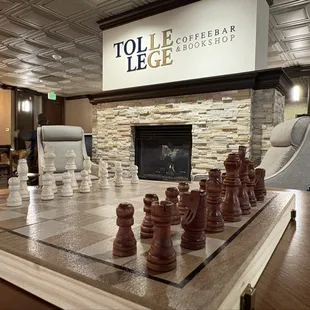 Overview of the shop; the fireplace is so inviting!