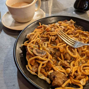 Delicious Brunch Udon Noodle Stir Fry with Sausage and Egg.