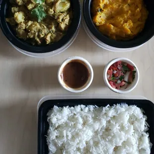 Chicken and Squash Curry with Rice, Tamarind Chutney and Tomato Salad. Yum!