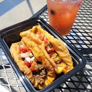 Chicken curry taco, wagyu beef taco and island punch.