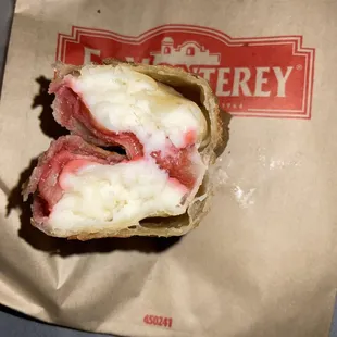 Inside cream cheese raspberry chimichanga