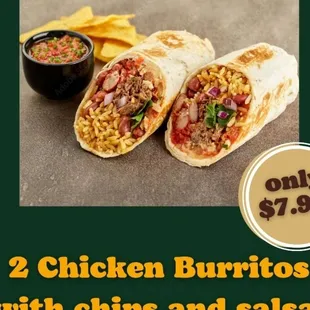 two chicken burritos with chips and salsa
