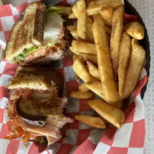 Miata sandwich, grilled rye with smoked turkey, bacon, cheese, special sauce, lettuce and tomato...yummm