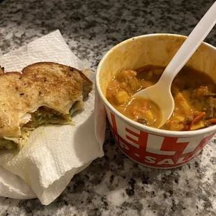 Chicken Enchilada seasonal soup and pesto turkey melt