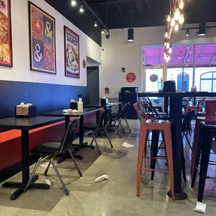 Trash on the floors and tables.