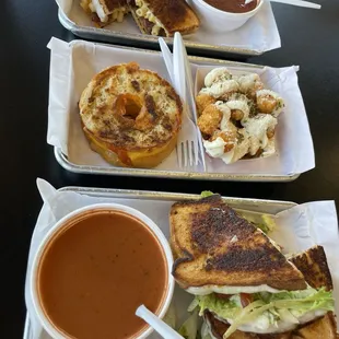 The Bacon Mac and Chee, Chicken Asiago, Garlic Cheese &amp; Chive Tots, The Original Grilled Cheese Donut