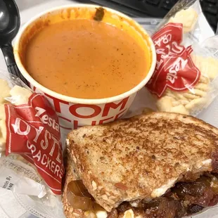 Pick 2 Lunch, $9.95: 1/2 Bacon, fig and Goat (AKA: BFG) melt &amp; Creamy Tomato Basil Soup. Delicious!