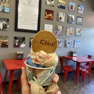 a hand holding a cup of ice cream