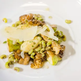Summer Bean Gnocchi with local mushroom, black eyed peas and patty pans from Agritopia Farms! Fresh and delicious!