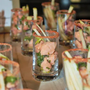Northwest by Southwest Salmon &amp; Apple Ceviche Shooters w/ Smoked Paprika Salt on the Rim