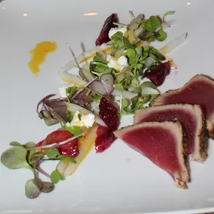 Lavendar &amp; Peppercorn Seared Ahi w/ Micro Mustard Greens, Daichon and Blood Orange Vinaigrette