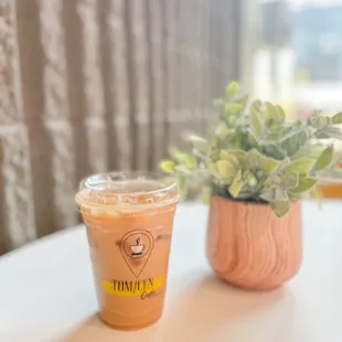 a cup of iced coffee and a potted plant