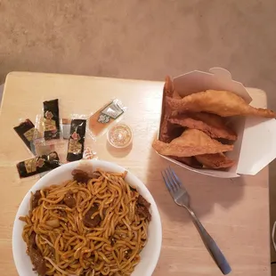 Beef Lo Mein Noodles and Crab Rangoon.