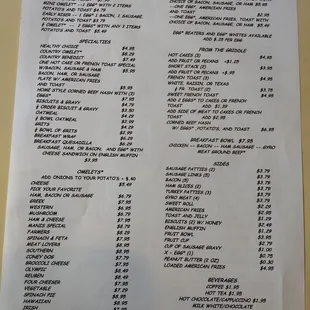 The breakfast side of the current menu.